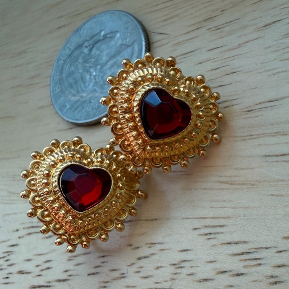 Gold Heart Earrings with Red Gemstone - Picture 1 of 2